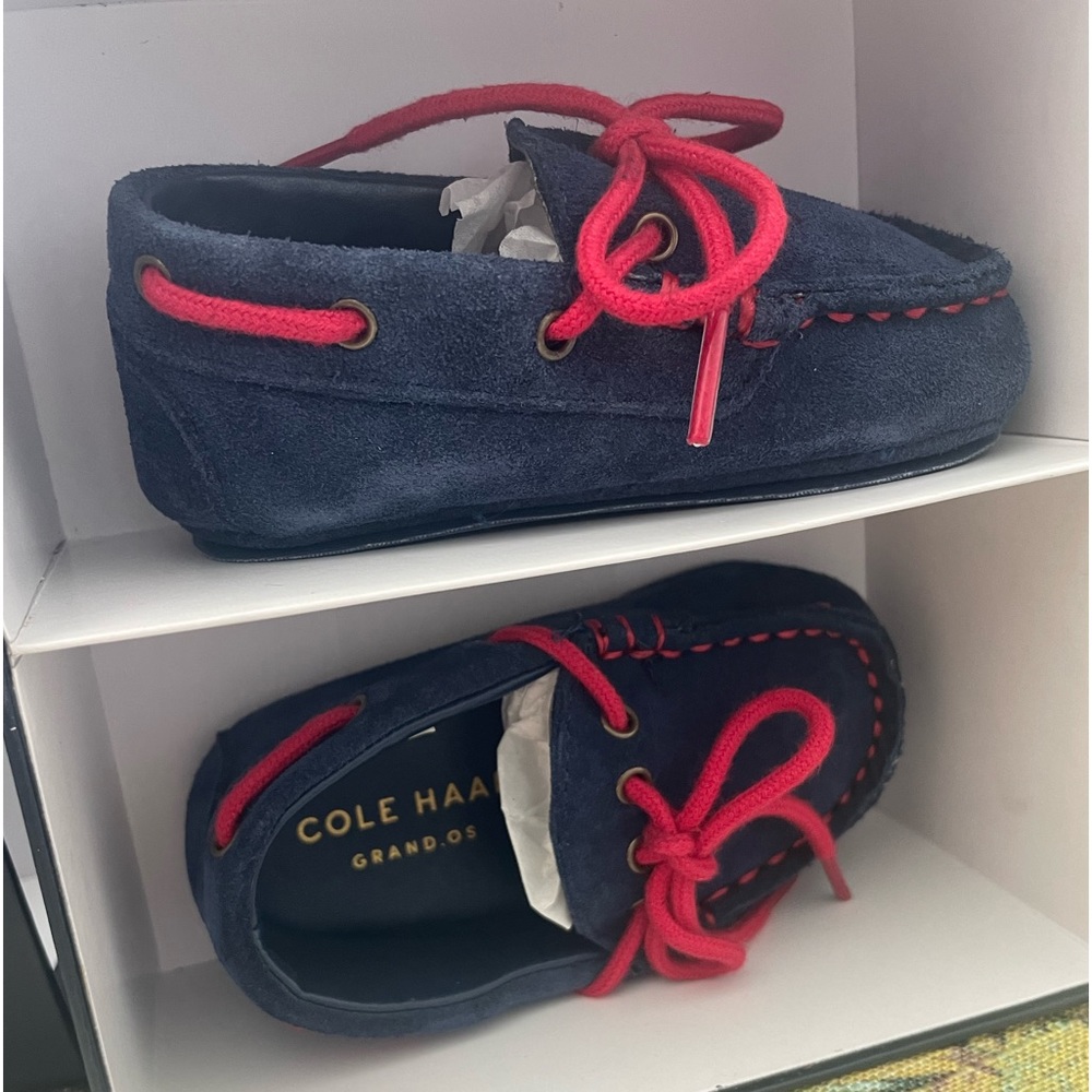 Cole Haan Baby Boys Navy Blue Loafers Grand.Os Red Laces Size 3 boat shoes